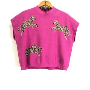 Leopard Print Mock Neck Knit Vest Hot Pink Rose Red Sleeveless Sweater XL RT5837